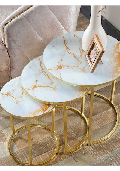 3' Lü Beyaz Sarı Mermer Gold Metal Sehpa 3' Lü Beyaz Sarı Mermer Gold Metal Sehpa