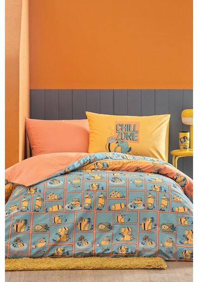 Puffy Minions Lazy %100 Pamuk Tek Kişilik Nevresim Takımı - Mavi