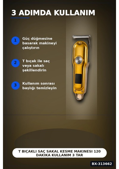 T Bıçaklı Saç Sakal Kesme Makinesi 120 Dakika Kullanım 3 Tarak Usb Şarjlı Profesyonel Bx-313662