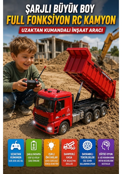 Şarjlı Uzaktan Kumandalı Rc Damperli Kamyon Büyük Boy Işıklı İnşaat Oyuncağı