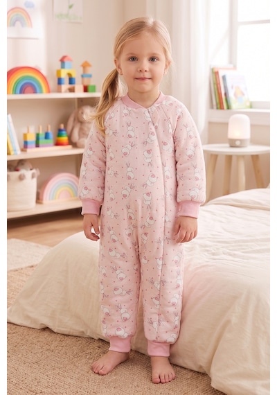 Babymod Tavşan Desenli 2,5 Tog Elyaf Dolgulu Premium Kalite 100% Pamuk Penye Astarlı Çocuk Uyku Tulumu Pembe
