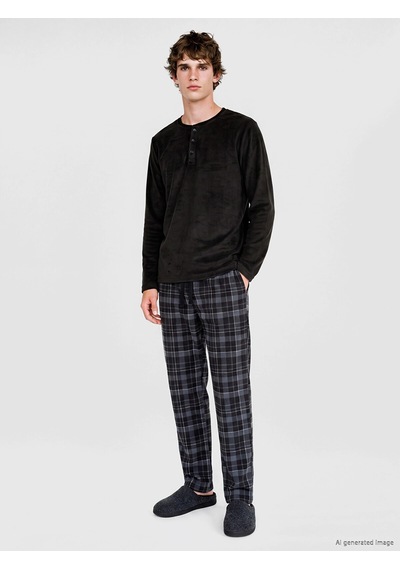 LC Waikiki Lc Waıkıkı Siyah Regular Fit Ekose Erkek Pijama Takım Black Prınted