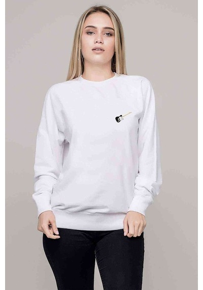 Fender Gitar Muzik Music Baskılı Beyaz Kadın Sweatshirt