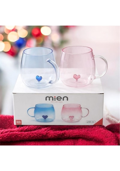Mien İkili Cam Kupa Seti 250 Ml Kalpli Tasarım Mavi & Pembe Şık Kupa Takımı Çok Renkli