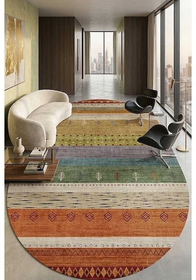 Etnik Kilim Desenli Pamuk Taban Yıkanabilir Baskılı Oval Halı Turuncu