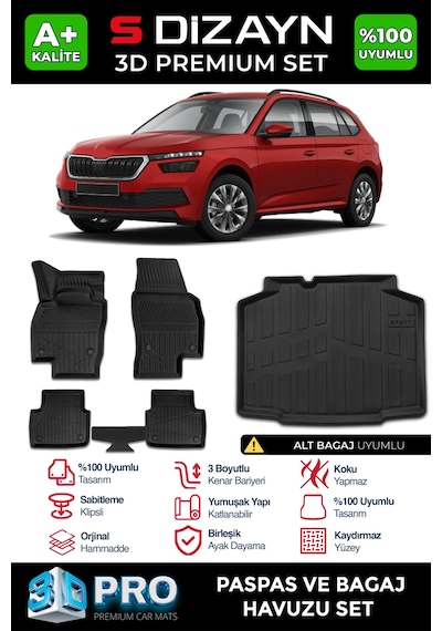 S-dizayn Skoda Kamiq 3d Pro Havuzlu Paspas Ve Bagaj Havuzu Seti 2'li Set 2019 Üzeri A+ Kalite