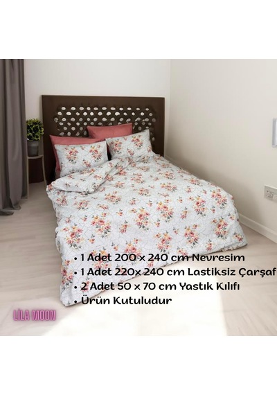 Almira Pudra-beyaz Renkli Çift Kişilik Pamuklu Nevresim Takımı Pudra
