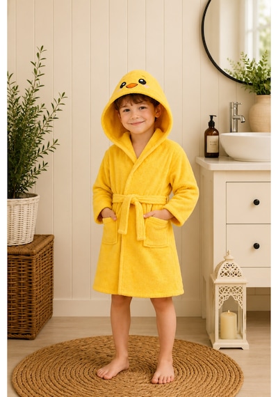 Civciv Kapüşonlu Çocuk Bornozu Unisex Bebek Ve Çocuk Banyo Bornozu, Yumuşak Dokulu, 1-10 Yaş 3-4 Yaş