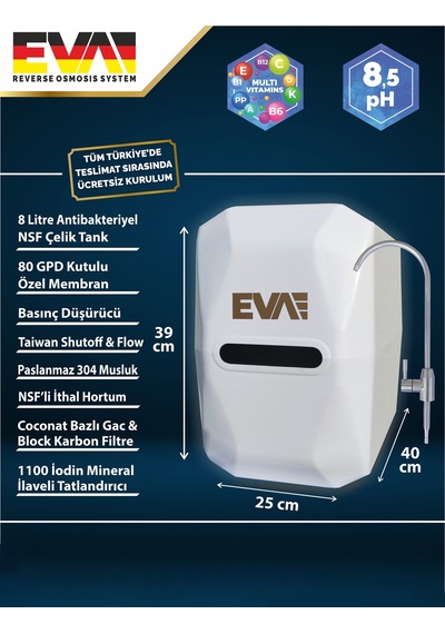 EVA Premium 8.5 ph Alkali Su Arıtma Cihazı Pompalı Seçenekli