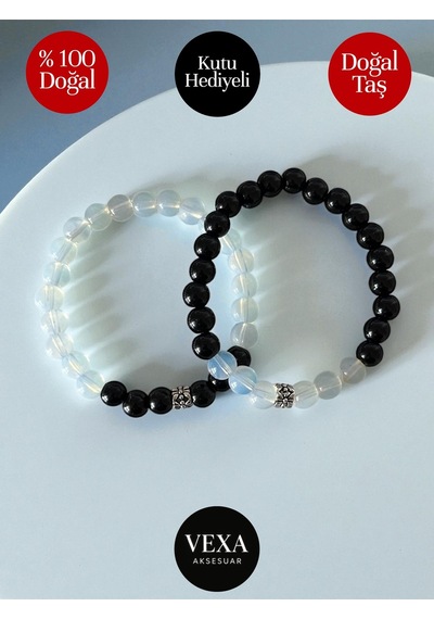 Yin Yang Temalı Oniks Ve Opal Çift Bileklik Seti Sevgili & Arkadaşlık Kombini Kutu Hediyeli Çok Renkli