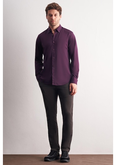 İmza Mor Düğmeli Yaka Örme Uzun Kol Performans Ürün Slim Fit Esnek Gömlek 1004255270 Mor