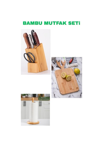 Kamptek %100 Doğal Bambu 3'lü Mutfak Seti - Kesme Tahtası, Bıçaklık Standı & Havlu Peçetelik Düzenleyici Ahşap Rengi