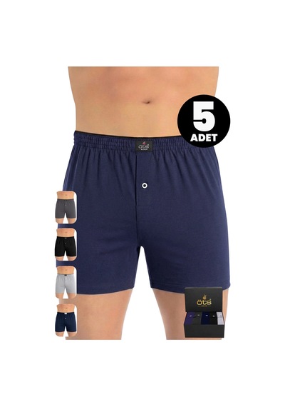 Öts Premium 5'li Erkek Boxer Düğmeli, Süprem - Hediye Kutulu, %100 Pamuk, Koyu