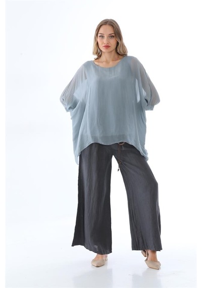 Bohem Stil İtalyan Yarasa Kol İpek Bluz-8869 Gri