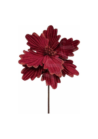 Yılbaşı Bordo Kadife Simli Ata Çiçek 18 Cm Kırmızı - Yeşil