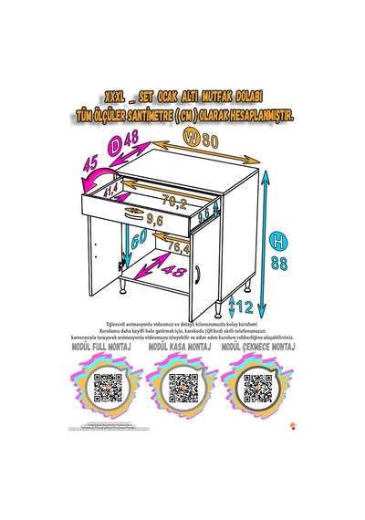 Xxxl Doqu Modüler Mutfak 80 Cm Ocak Altı Dolabı - Çekmece, Kapak Ve Tüp Göz Bölmeli Beyaz