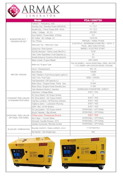 Armak PDA13500TEK 13.7 KVA Dizel Trifaze Kabinli Portatif Jeneratör