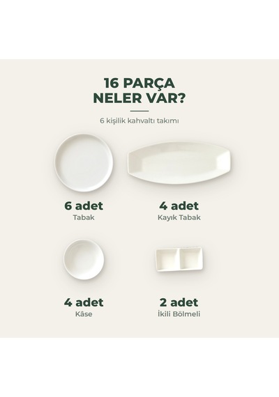 Beyaz Porselen 16 Parça 6 Kişilik Kahvaltı Takımı Kahvaltılık Sunum Seti