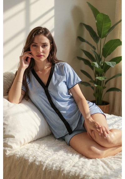 Bella Notte Mavi Pamuklu Düğmeli Şortlu Pijama Takımı