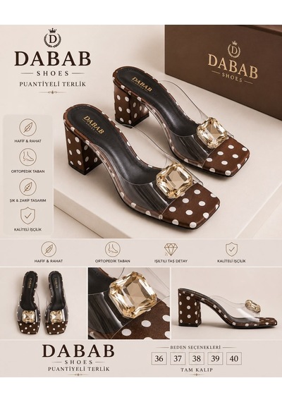 Dabab Shoes Rodın Kadın Şeffaf Bantlı Taş Tokalı Puantiye Desenli Kare Burunlu Kahve 7 Cm Kalın Topuklu Terlik Kahverengi