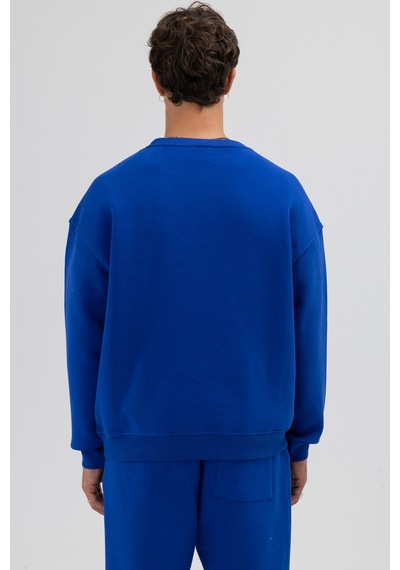 Vamos Basic Bisiklet Yaka Oversize Sweatshirt Saks Mavi