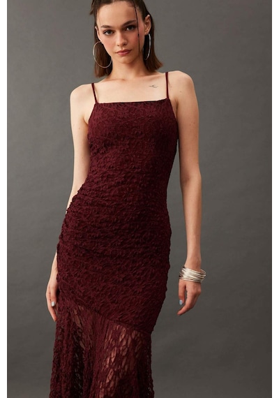Defacto Bodycon Vücudu Saran Askılı Dantel Midi Elbise F7886ax25aubr204 Bordo