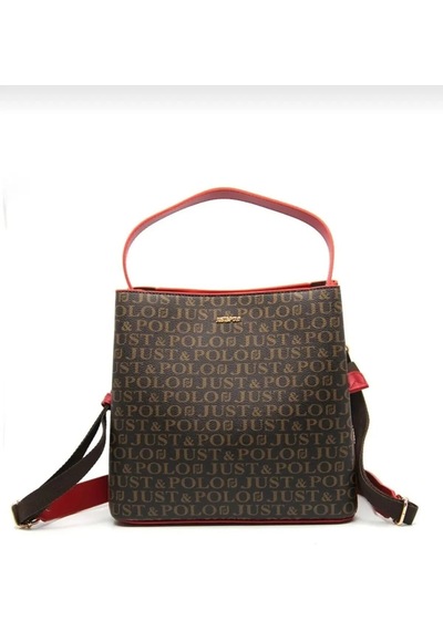 Just Polo Kadın Monogram Baskılı El Ve Omuz Çantası Ebat 25 X 25 Kahve Kırmızı