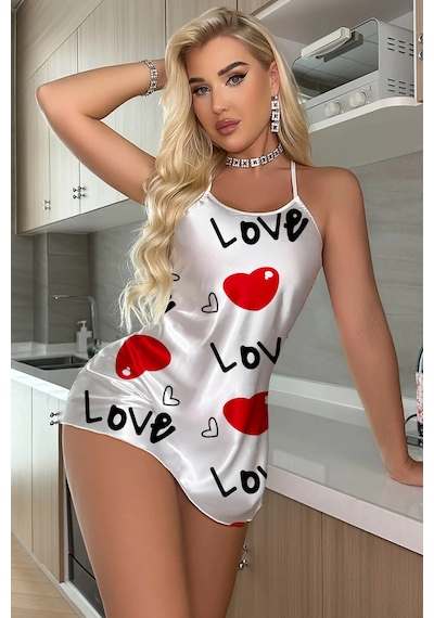 Hello Papana Hello Papana Love Desenli Beyaz Saten Gecelik Çok Renkli