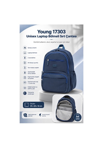 Kaff Young 17303 Mavi Laptop Bölmeli Unisex Sırt Çantası