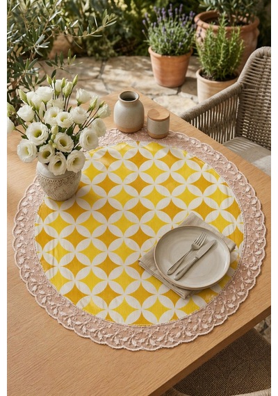 Yuvarlak Sarı Geometrik Desenli Dantelli Masa Örtüsü 60 Cm Su Geçirmez Leke Tutmaz Silinebilir Şık Sofra Bezi Yuvarlak Sarı Geometrik Desenli Dantelli Masa Örtüsü 60 Cm Su Geçirmez Leke Tutmaz Silinebilir Şık Sofra Bezi