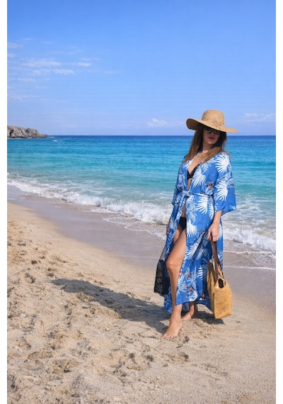 Wellway Viskon Saten Kumaş Kimono - Pareo - Sabahlık - Kuşak Dahildir - Mavi Mavi