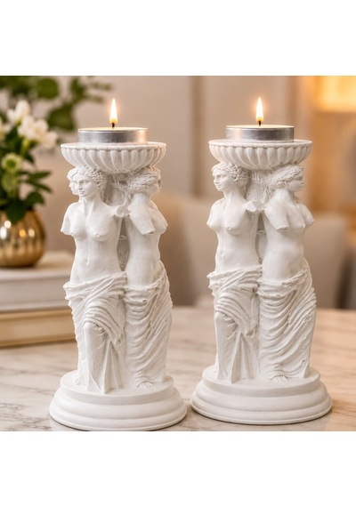 Yunan Üç Güzeller Tealight Mumluk Seti 2 Li, 16 Cm Taş Tozu Beyaz Heykel Mumluk, Antik Mitoloji Ev Dekoru