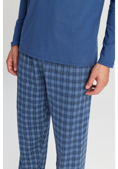 AC&Co / Altınyıldız Classics Erkek Indıgo %100 Pamuk Standart Fit Hakim Yaka Desenli Cepli Pijama Takımı İndigo