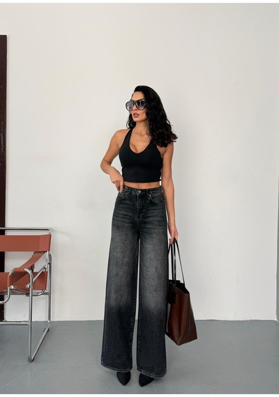 Kadın Füme Taşlamalı Baggy Jean Yüksek Bel Geniş Paça Kot Pantolon Siyah Siyah+taşlamalı