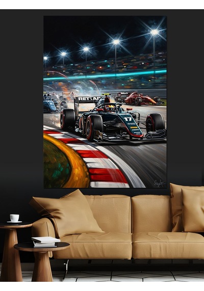 Ahşap Tablo Gece Yarısı Yarış Pisti Ve Formula 1 Arabaları Çocuk Odası Tabloları