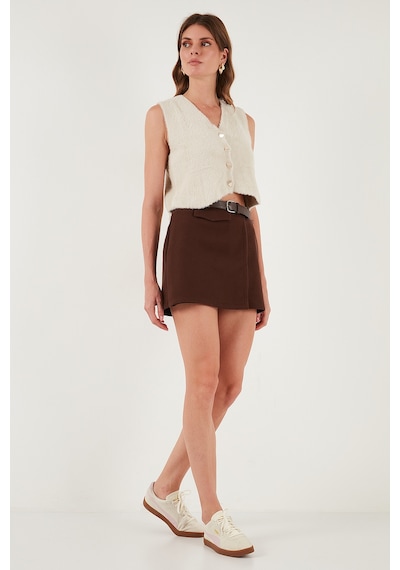 Lela Pamuk Karışımlı Relaxed Fit Yüksek Bel Mini Boy Bayan Şort Etek 611Sr0037 Kahve