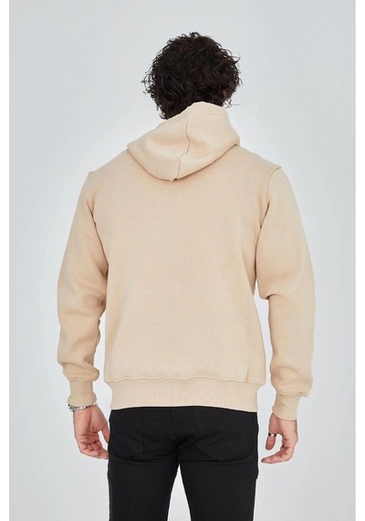 2Y Premium Erkek 3 İplik Pamuklu Fermuarlı Kapüşonlu Kanguru Cepli Baskılı Hoodie Hırka Sweatshirt - Bej