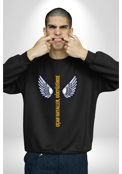 Uçan Hayaller Gökyüzünde Melek Kanatları Unisex Siyah Sweatshirt Siyah