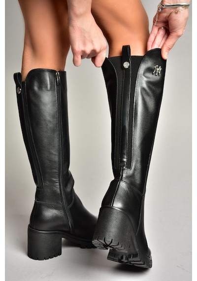 Fox Shoes R654034003 Siyah Gerçek Deri Kalın Topuklu Kadın Çizme Siyah Deri-hakiki Deri Siyah