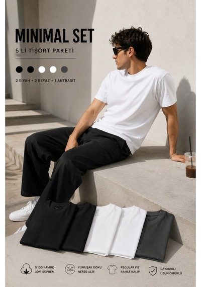 Masion Rae Erkek 5'li Basic Tişört Seti Regular Fit Bisiklet Yaka %100 Pamuk 30/1 Süprem Siyah-siyah-beyaz-beyaz-antrasit