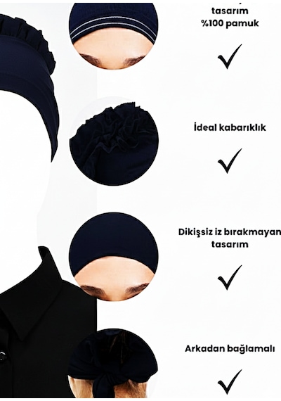 Alivascarf Fırfırlı Dikişsiz Penye Bone - Kadın Tesettür Bağlamalı Topuz İç Bone Siyah