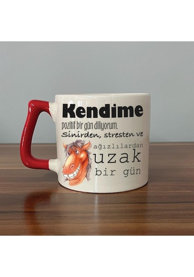 Kendime Pozitif Bir Gün Diliyorum Baskılı Kırmızı Kulplu D Kupa