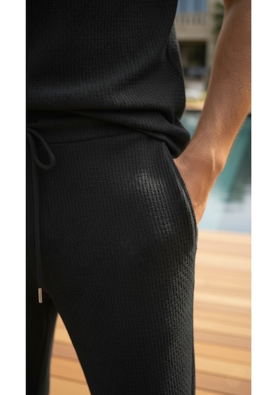 Fifty Color Unisex Trend Bürümcük Krinkıl Kumaş Yazlık Likralı Kısa Kol Tişört Eşofman Takım Siyah