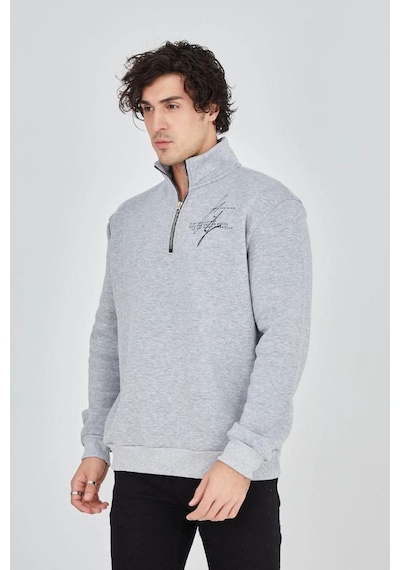 Erkek Yarım Fermuarlı Baskılı 3 İplik Pamuklu Sweatshirt - Gri