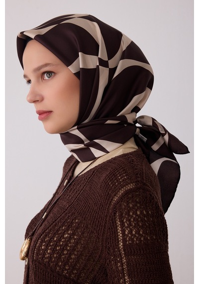 Belli Soyut Desen %100 Twill İpek Eşarp Be29 Kahverengi-taş