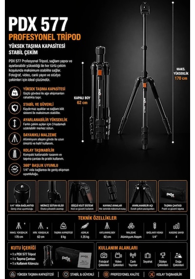 Pdx 577 Profesyonel Tripod Yüksek Taşıma Kapasitesi Stabil Çekim