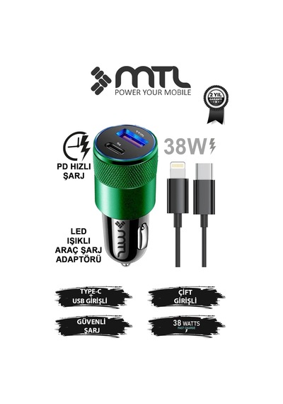Araç Şarj Aleti Çakmaklık 38w Lightning Type-c + Usb Çift Portlu - Qualcomm Qc 4.0 Desteği Mt-a1834 Yeşil İle Uyumlu