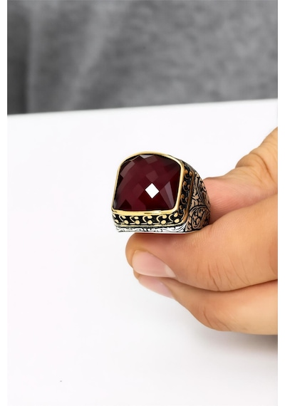 925 Ayar Gümüş Fasetli Ruby Taşlı Erkek Yüzük-8505 Gümüş
