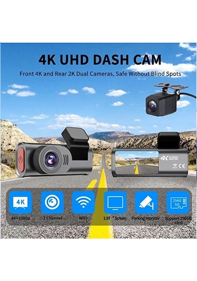 4k Wifi Çift Kameralı Araç Kamerası Gece Görüşlü G-sensörlü Dash Cam 170 Derece 96674930