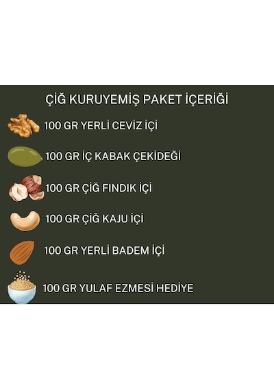 Çiğ Kuruyemiş Paketi, 5'li Set, 100gr Kaju, Badem, Fındık, İç Kabak Çekirdeği, Ceviz, Yulaf Ezmesi 0.75 LT - 2.5 LT - 12 KG